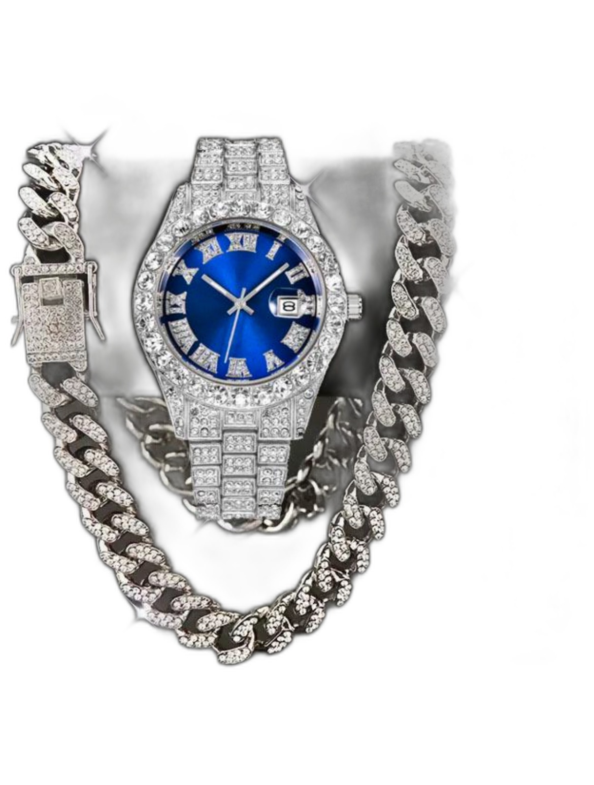Iced Blue Dial Watch + Chain Set
