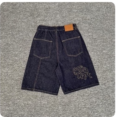 Embroidered Denim Jorts — Washed Indigo