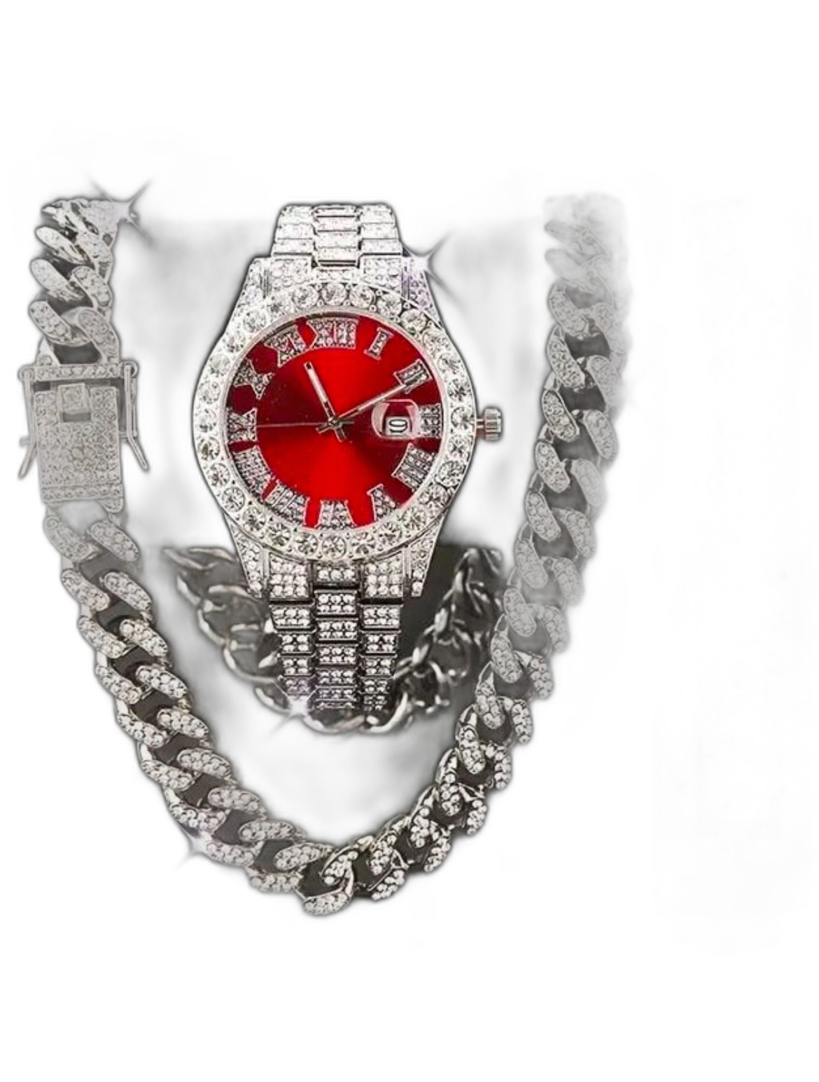 Iced Red Dial Watch + Chain Set